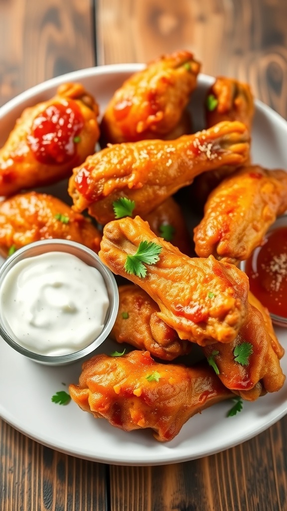 Crispy chicken wings served with ranch and buffalo sauce on a wooden table.